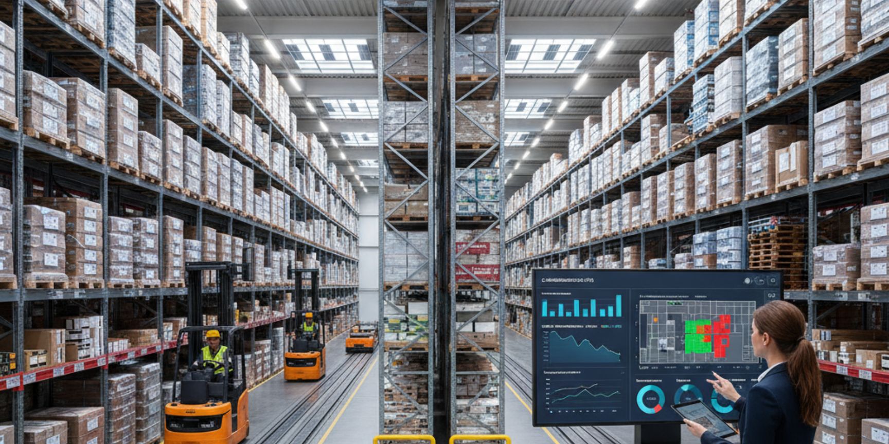 Ein modernes, gut beleuchtetes Hochregallager mit mehreren Gabelstaplern, die Waren bewegen, und einer Person, die auf einem digitalen Dashboard mit Lagerkennzahlen und Grafiken die Logistikprozesse überwacht. Dieses Bild symbolisiert Effizienz und Datenanalyse in der Lagerlogistik.